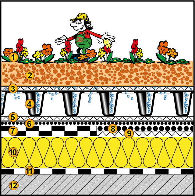 Gründach extensiv, Warmdach, ab 2% Gefälle, 6 l Wasserspeicher 